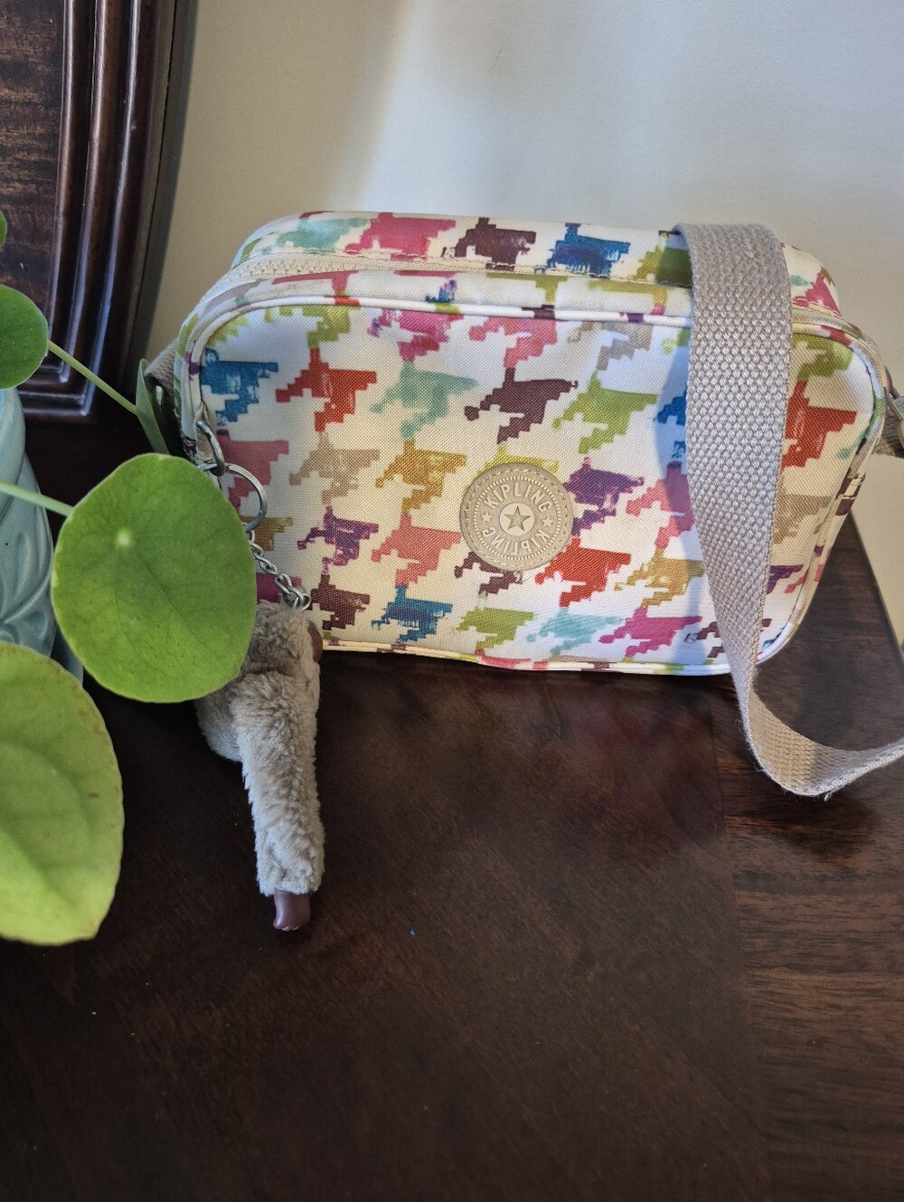 Kipling Cream Crossbody with Multicolor Houndstooth Print